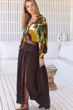 Lea Maxi Skirt - High Waisted Linen Skirt with Split in Chocolate><noscript><img width=