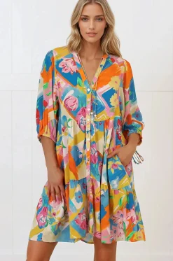 Lea Mini Dress - 3/4 Sleeve Babydolll Dress in Seraphina Print>Salty Crush