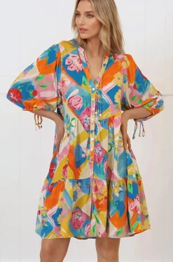 Lea Mini Dress - 3/4 Sleeve Babydolll Dress in Seraphina Print>Salty Crush