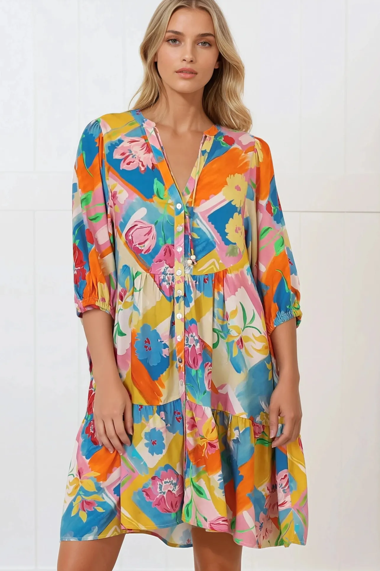 Lea Mini Dress - 3/4 Sleeve Babydolll Dress in Seraphina Print>Salty Crush