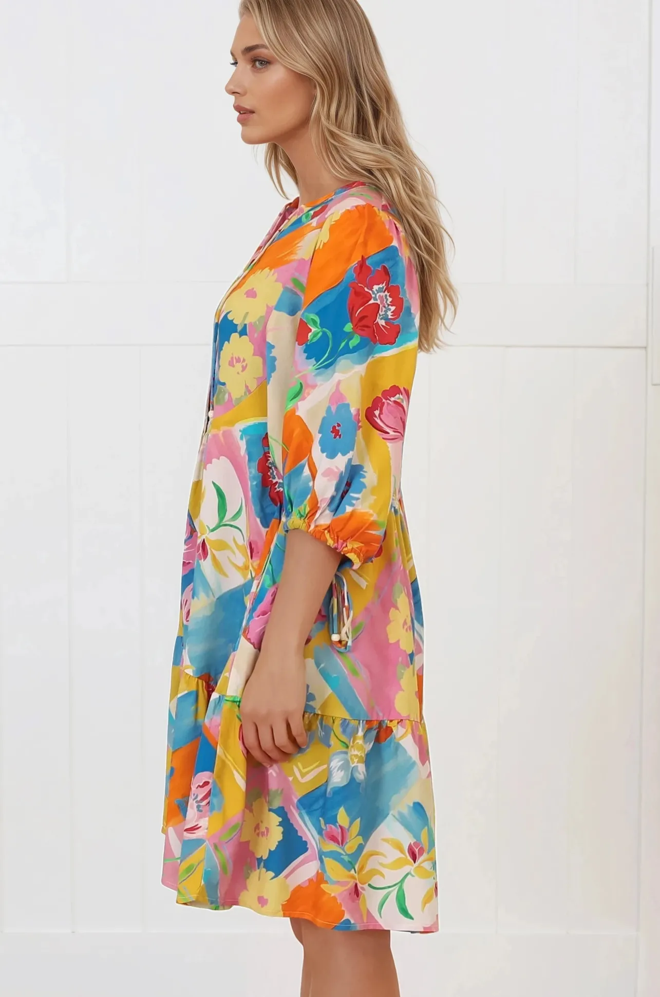 Lea Mini Dress - 3/4 Sleeve Babydolll Dress in Seraphina Print>Salty Crush