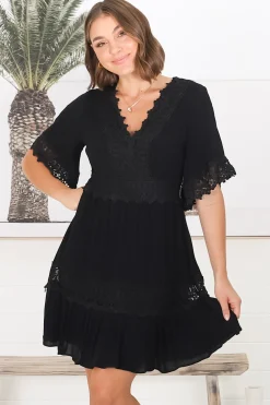 Leelie Mini Dress - Lace Embellished Tiered Dress with Bell Sleeves in Black>Salty Crush