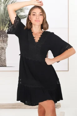 Leelie Mini Dress - Lace Embellished Tiered Dress with Bell Sleeves in Black>Salty Crush