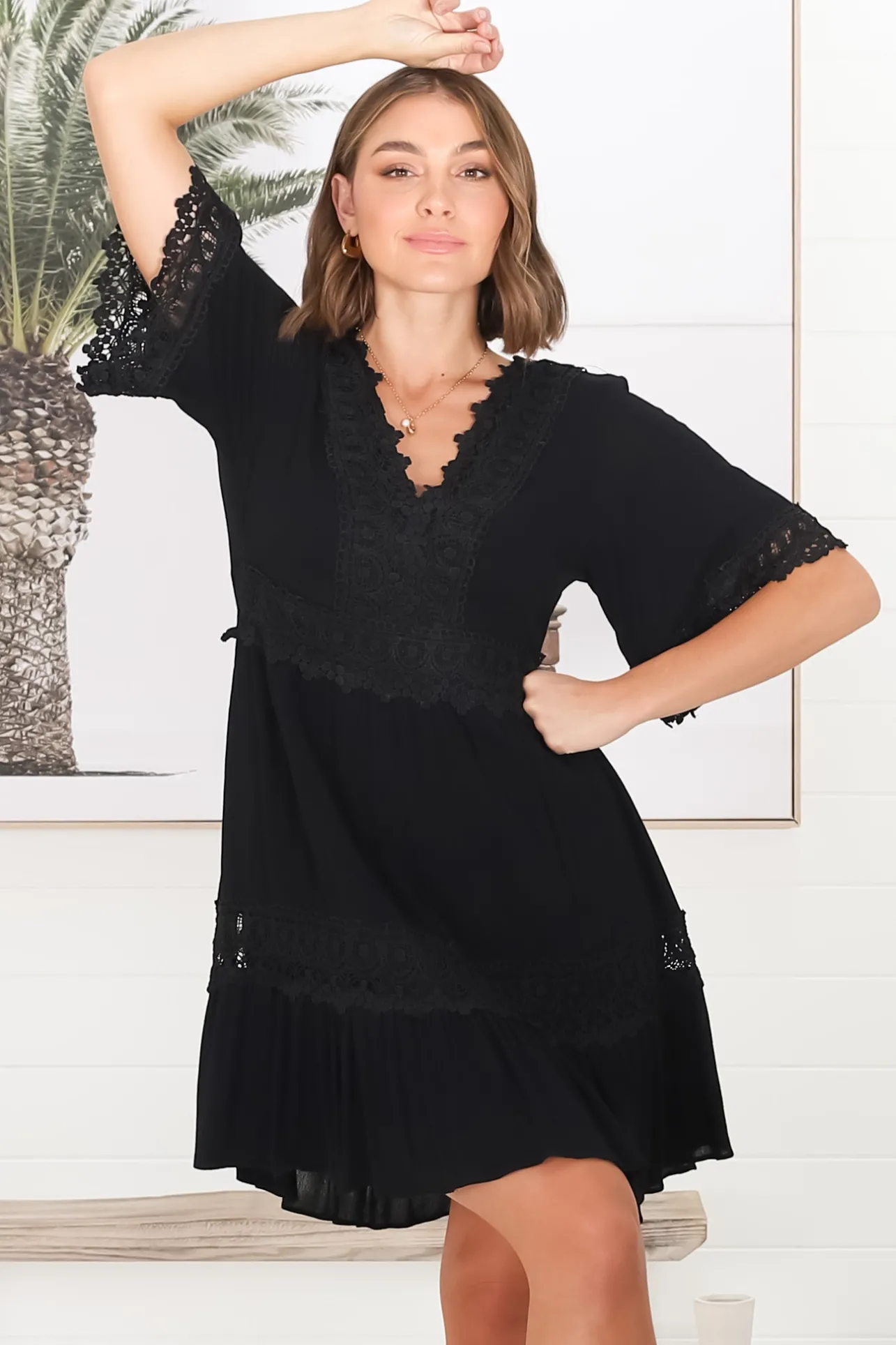 Leelie Mini Dress - Lace Embellished Tiered Dress with Bell Sleeves in Black>Salty Crush