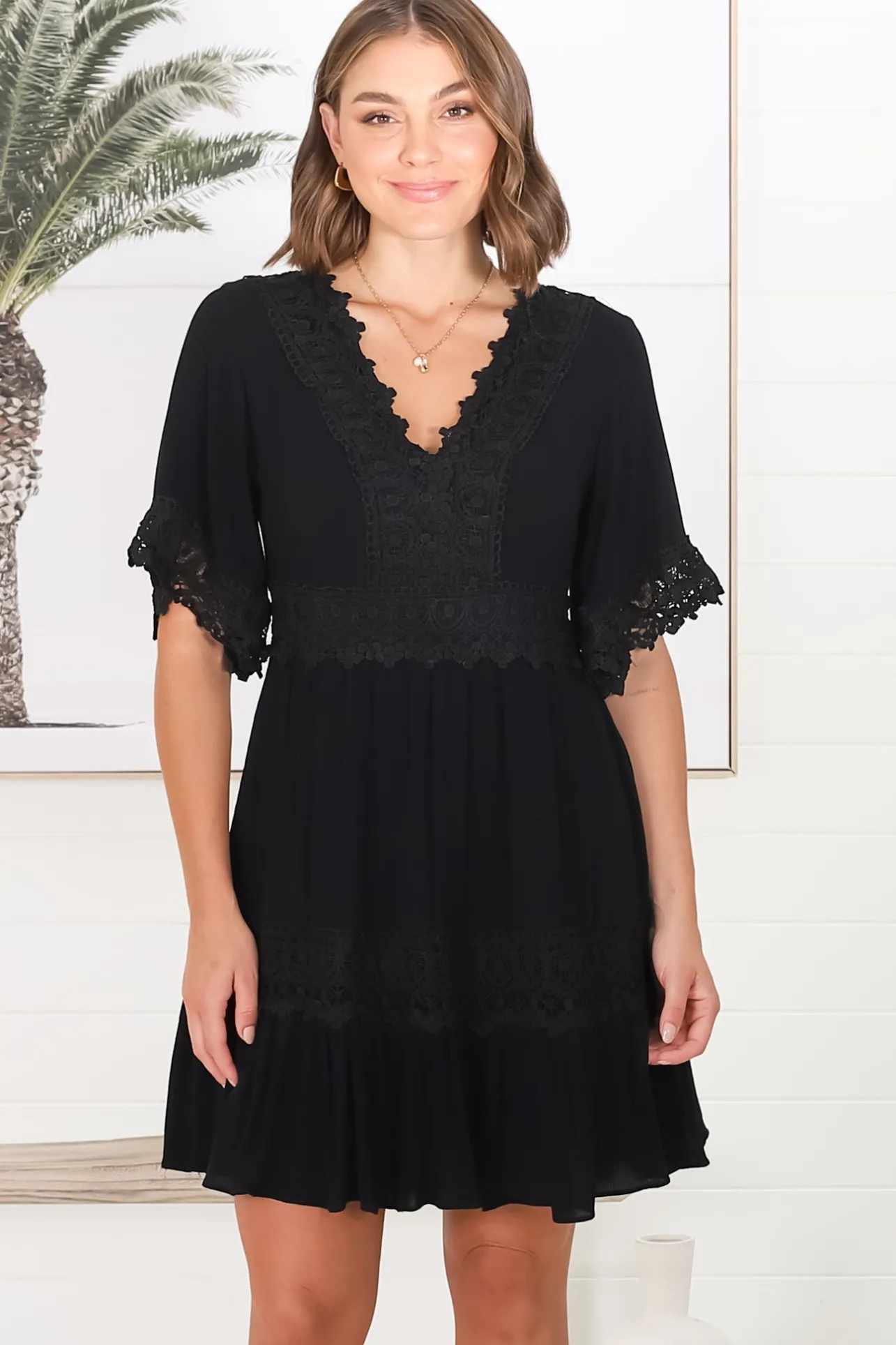 Leelie Mini Dress - Lace Embellished Tiered Dress with Bell Sleeves in Black>Salty Crush
