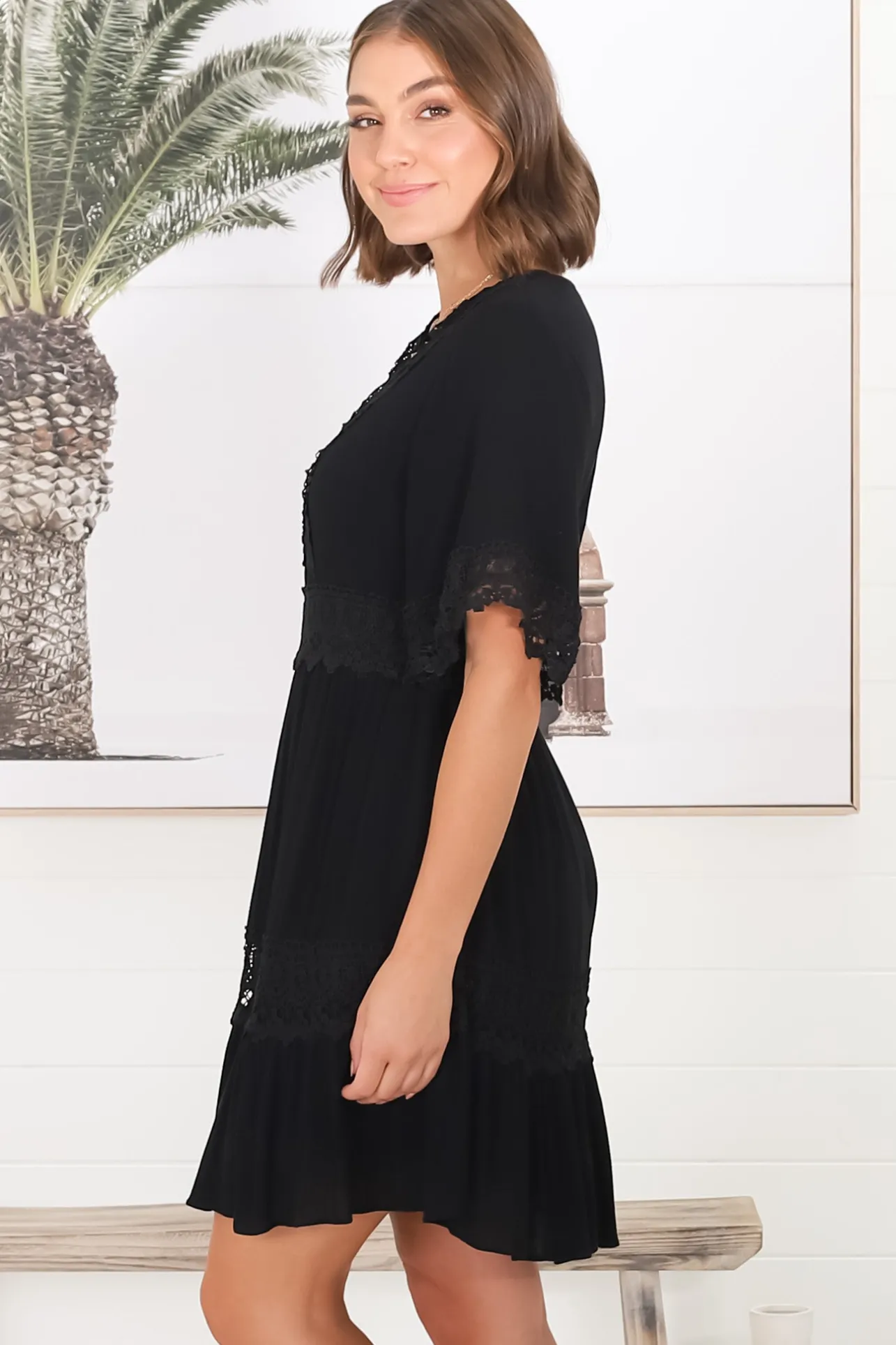Leelie Mini Dress - Lace Embellished Tiered Dress with Bell Sleeves in Black>Salty Crush