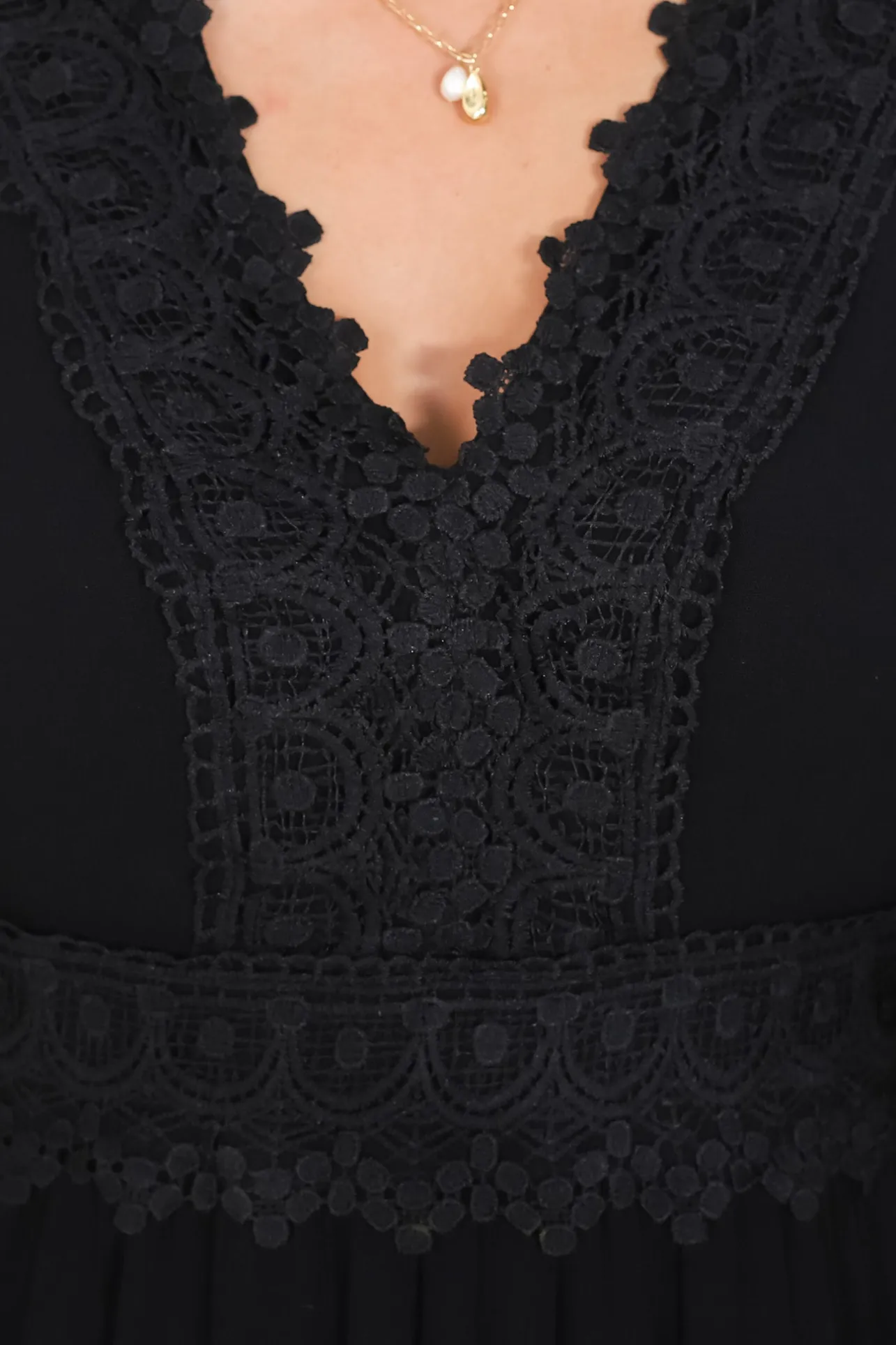 Leelie Mini Dress - Lace Embellished Tiered Dress with Bell Sleeves in Black>Salty Crush