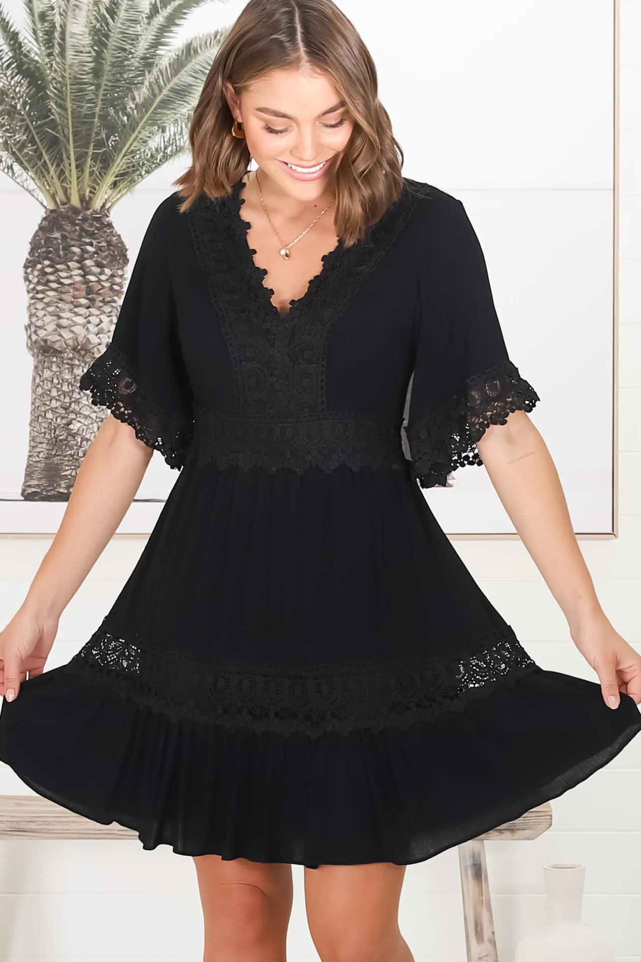 Leelie Mini Dress - Lace Embellished Tiered Dress with Bell Sleeves in Black>Salty Crush