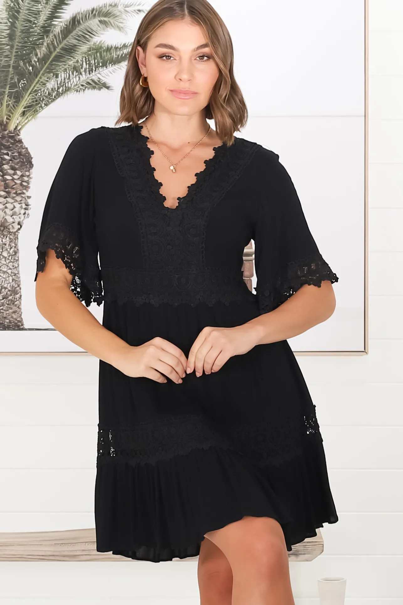 Leelie Mini Dress - Lace Embellished Tiered Dress with Bell Sleeves in Black>Salty Crush