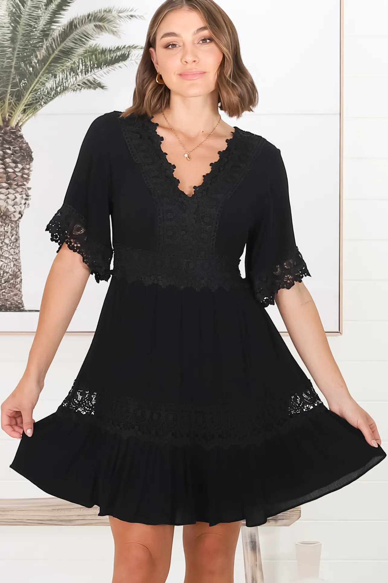 Leelie Mini Dress - Lace Embellished Tiered Dress with Bell Sleeves in Black>Salty Crush