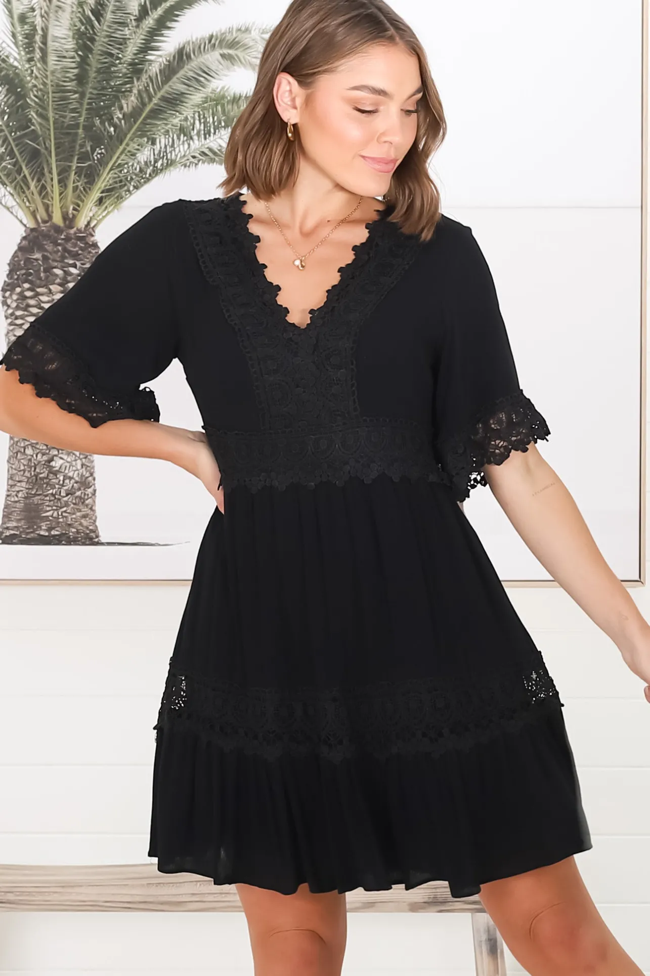 Leelie Mini Dress - Lace Embellished Tiered Dress with Bell Sleeves in Black>Salty Crush