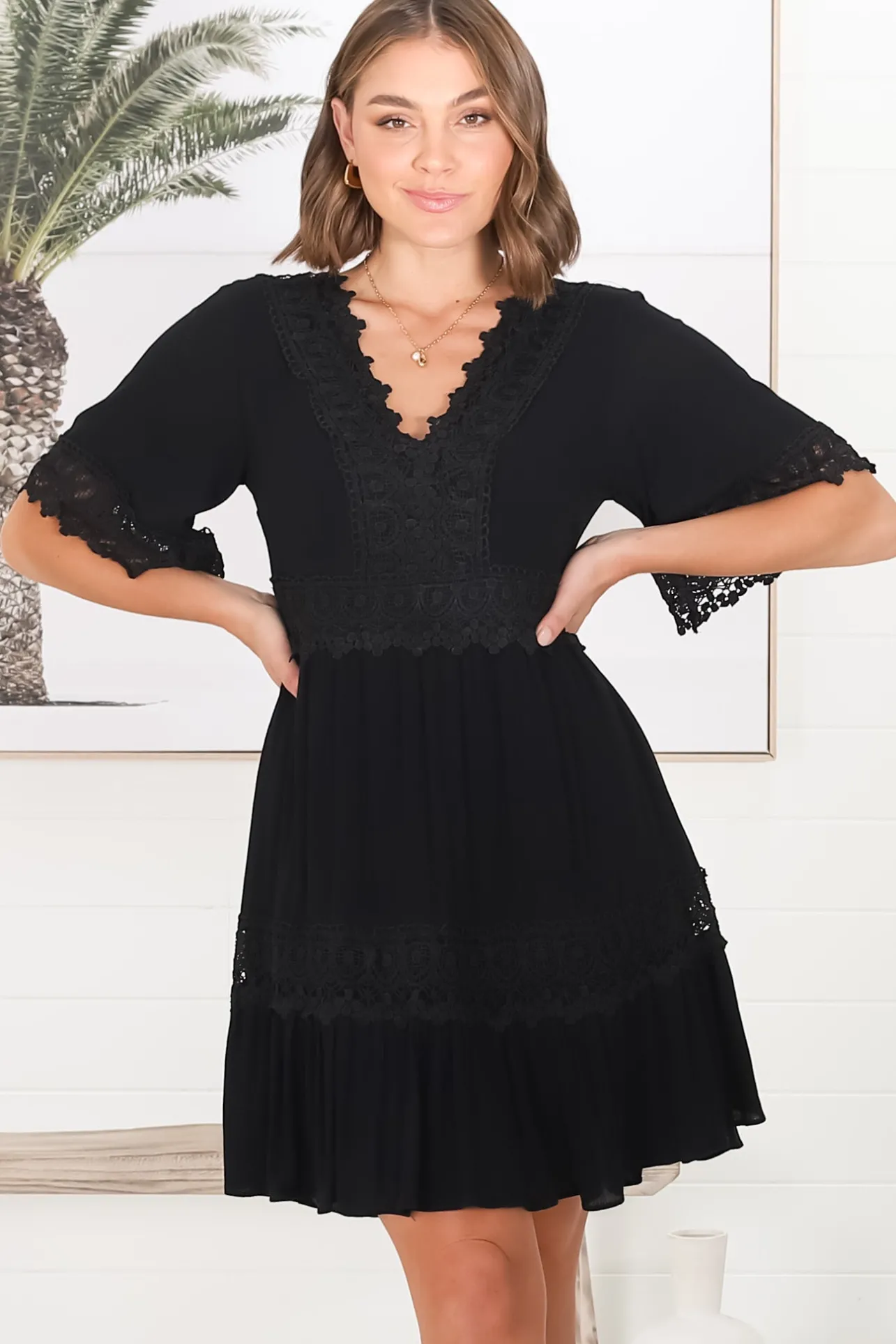 Leelie Mini Dress - Lace Embellished Tiered Dress with Bell Sleeves in Black>Salty Crush