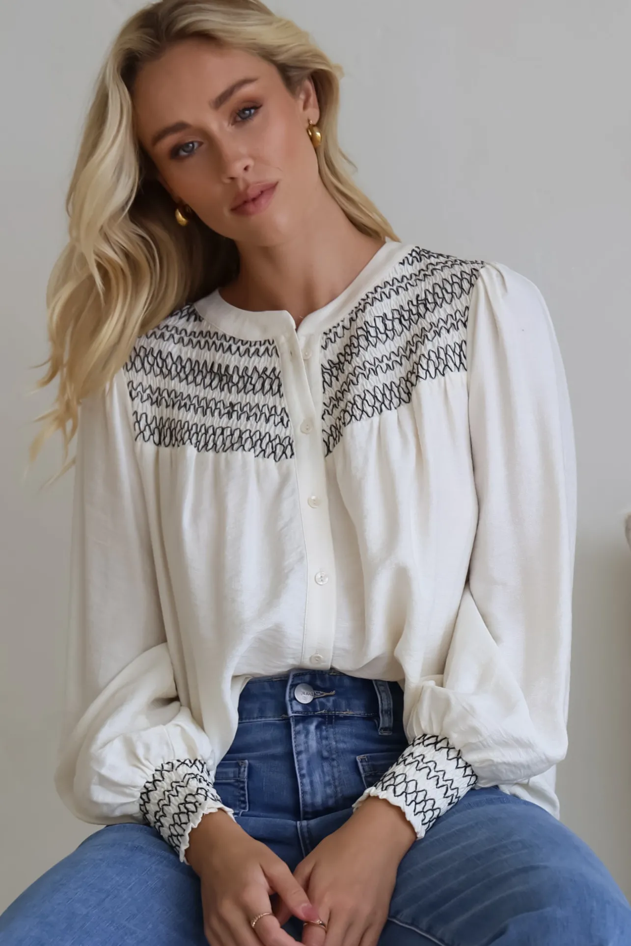 Leif Blouse - Mandarin Collar Button Down Blouse with Contrast Embroidering in Black>Salty Crush New