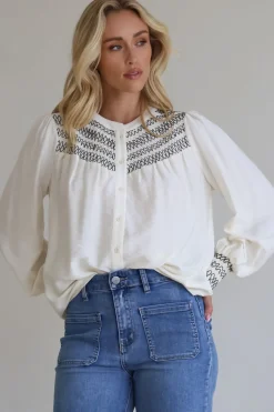 Leif Blouse - Mandarin Collar Button Down Blouse with Contrast Embroidering in Black><noscript><img width=