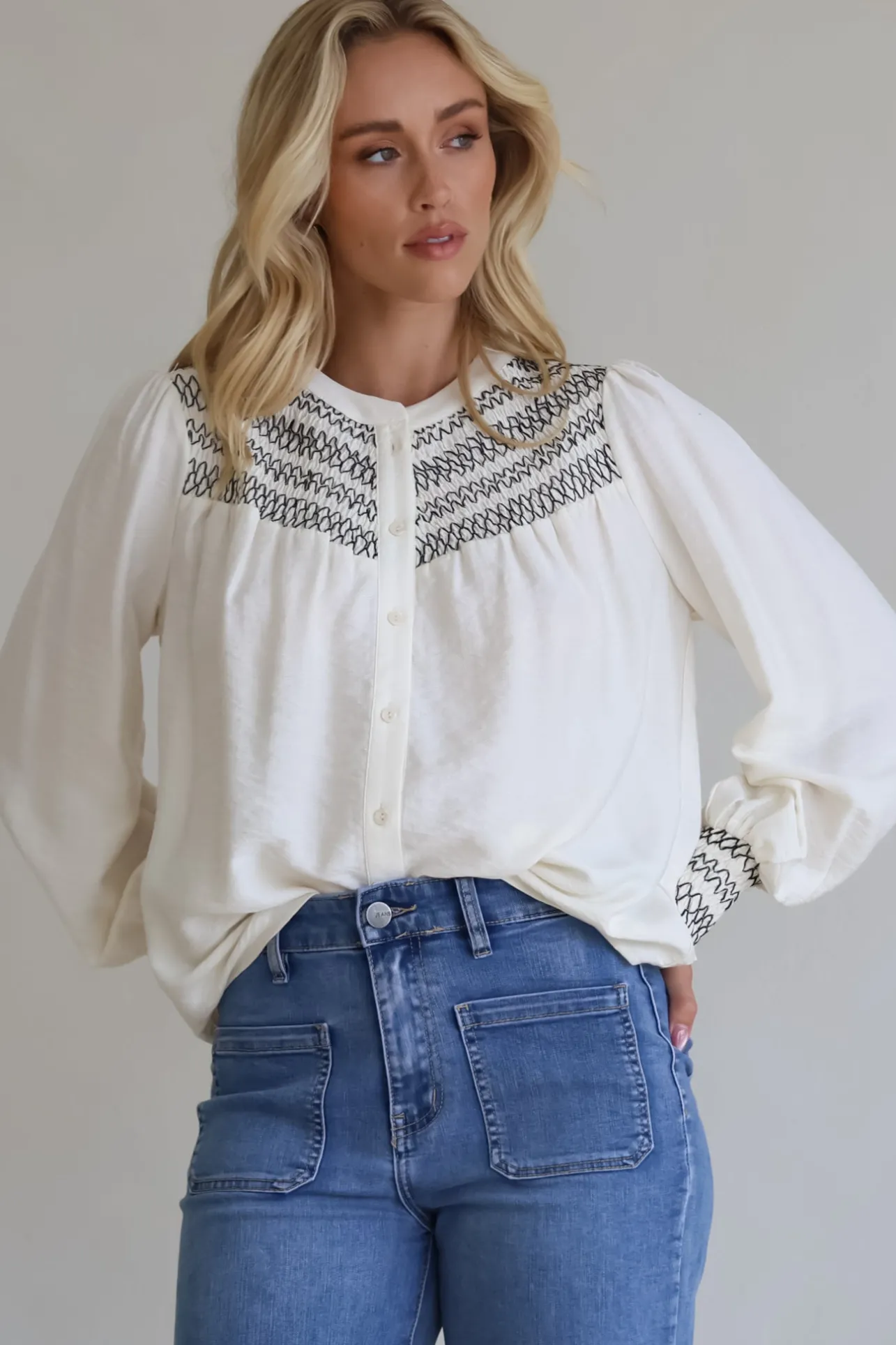 Leif Blouse - Mandarin Collar Button Down Blouse with Contrast Embroidering in Black>Salty Crush New