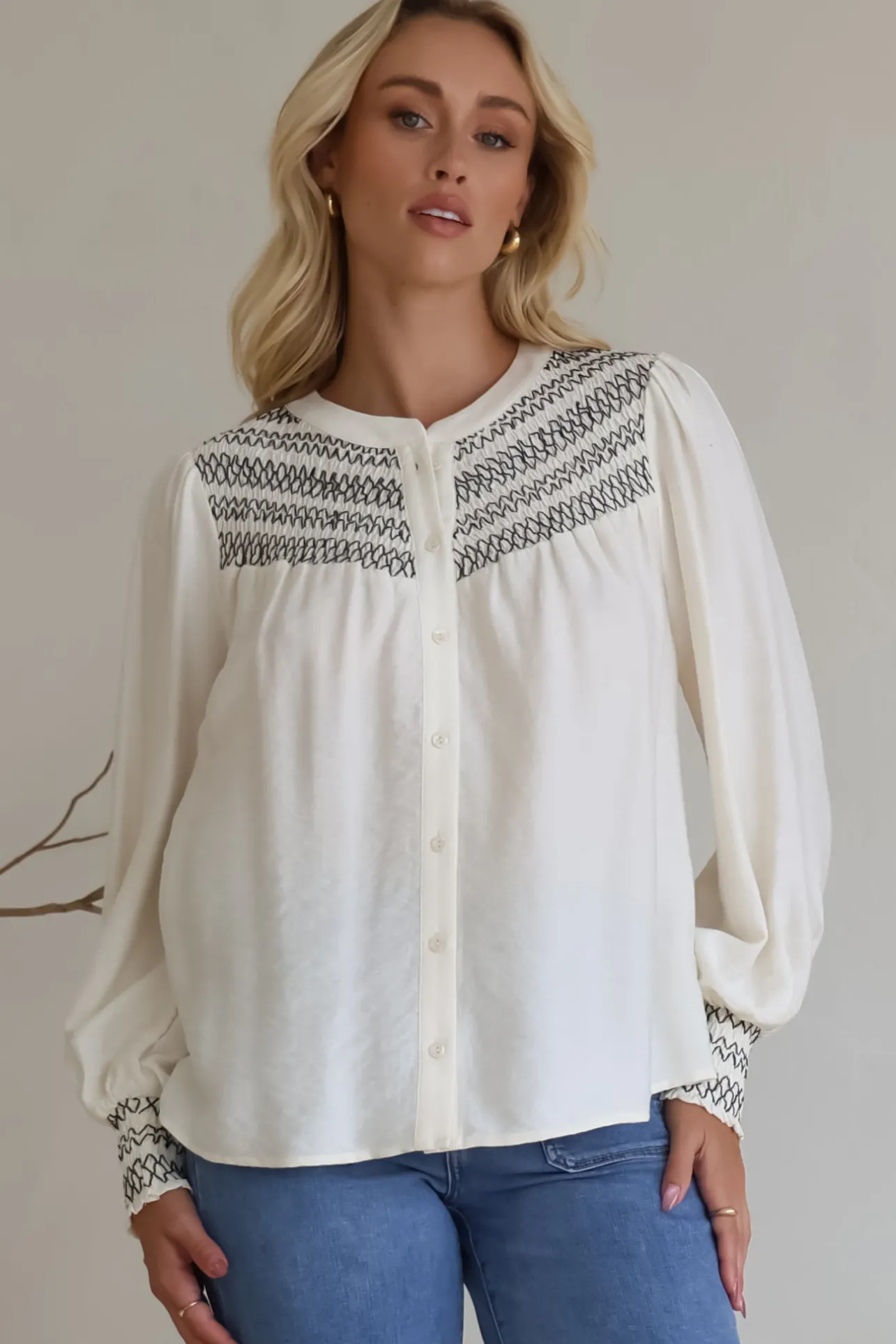 Leif Blouse - Mandarin Collar Button Down Blouse with Contrast Embroidering in Black>Salty Crush New