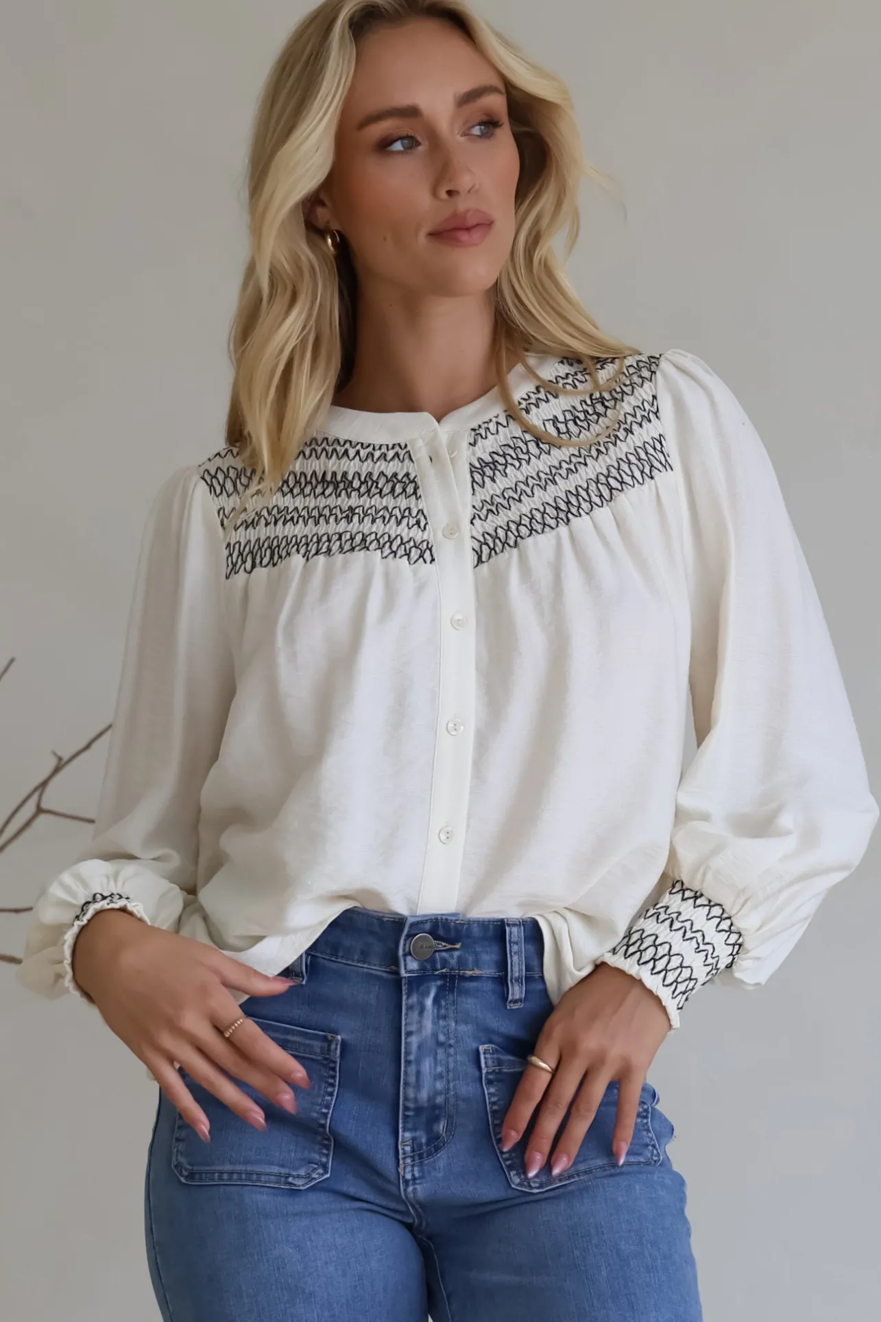 Leif Blouse - Mandarin Collar Button Down Blouse with Contrast Embroidering in Black>Salty Crush New
