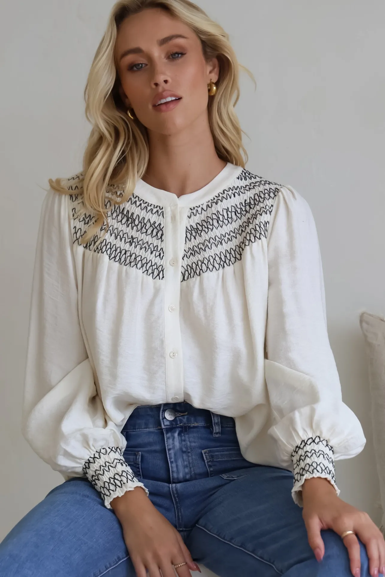 Leif Blouse - Mandarin Collar Button Down Blouse with Contrast Embroidering in Black>Salty Crush New