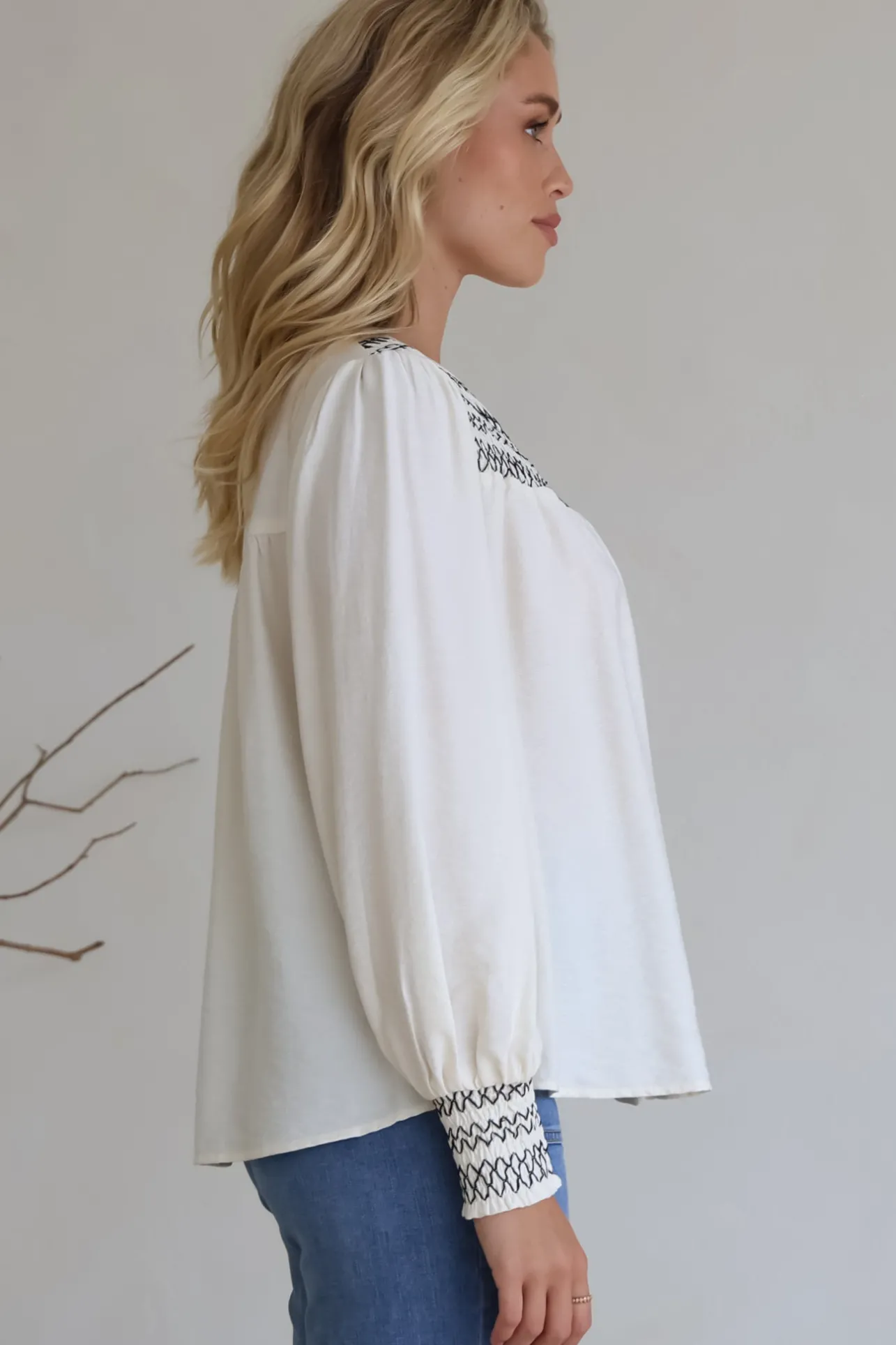 Leif Blouse - Mandarin Collar Button Down Blouse with Contrast Embroidering in Black>Salty Crush New