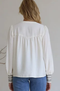 Leif Blouse - Mandarin Collar Button Down Blouse with Contrast Embroidering in Black><noscript><img width=