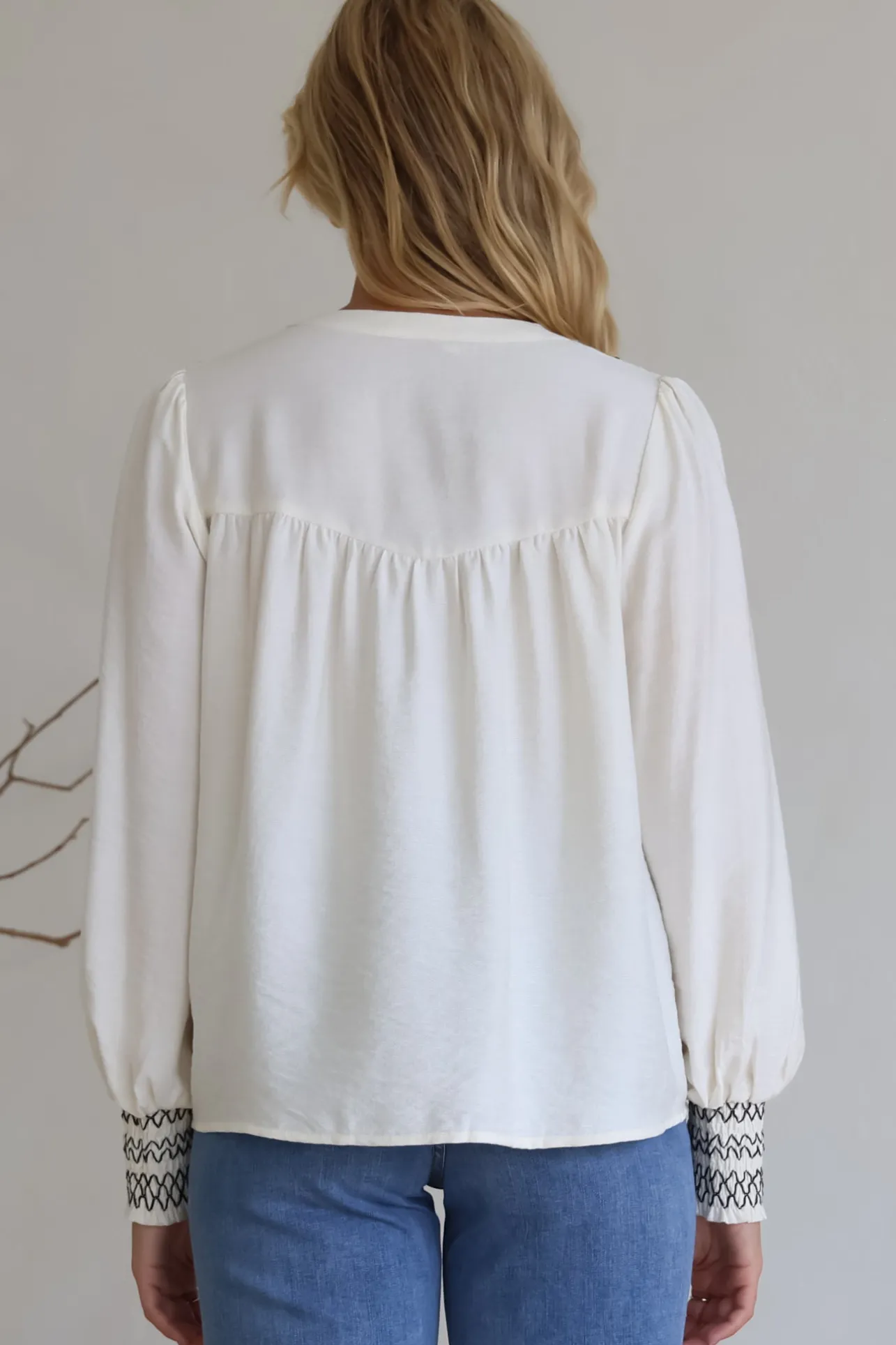 Leif Blouse - Mandarin Collar Button Down Blouse with Contrast Embroidering in Black>Salty Crush New