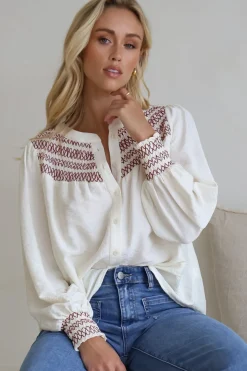 Leif Blouse - Mandarin Collar Button Down Blouse with Contrast Embroidering in Red>Salty Crush Best