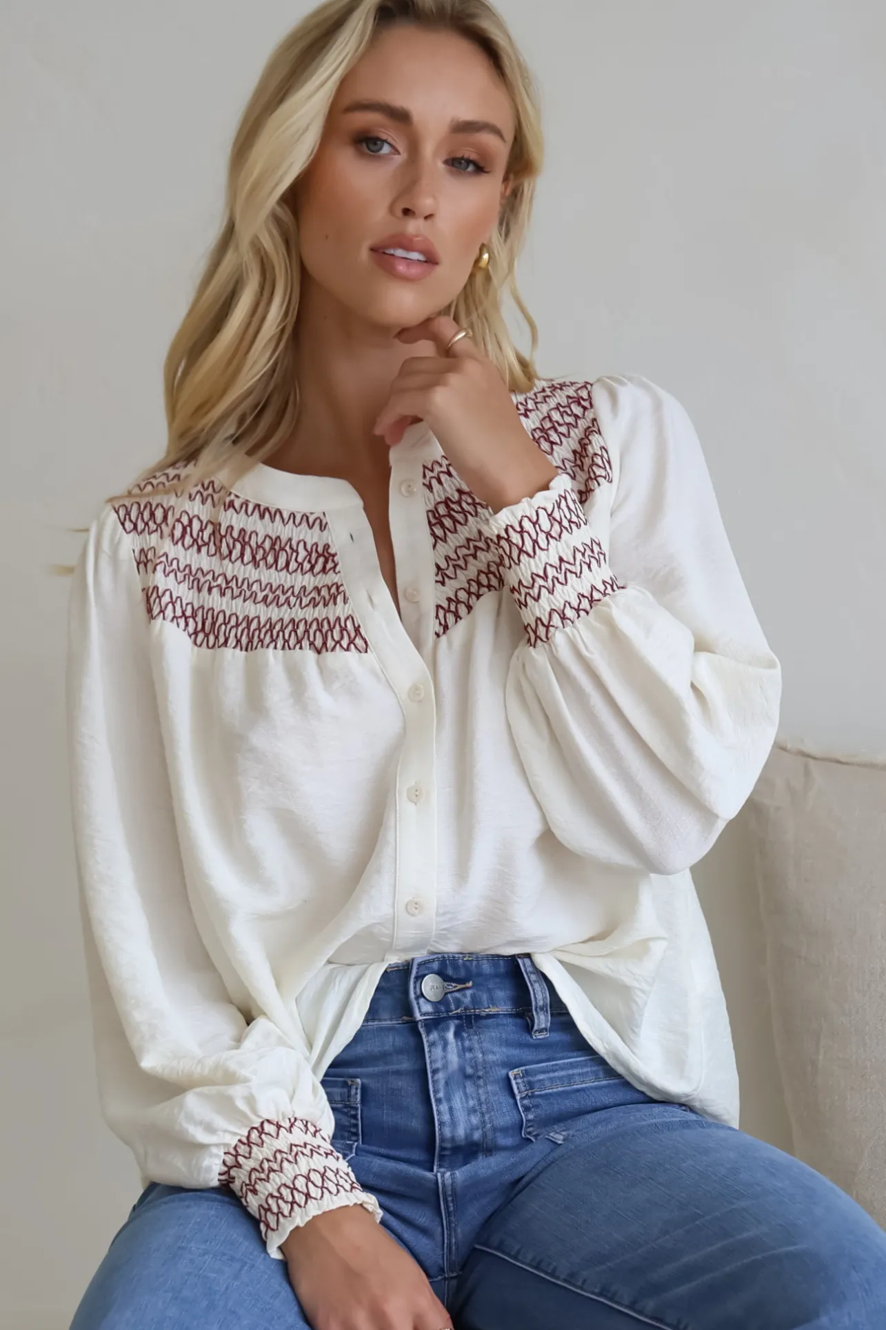 Leif Blouse - Mandarin Collar Button Down Blouse with Contrast Embroidering in Red>Salty Crush Best