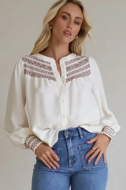 Leif Blouse - Mandarin Collar Button Down Blouse with Contrast Embroidering in Red>Salty Crush Best