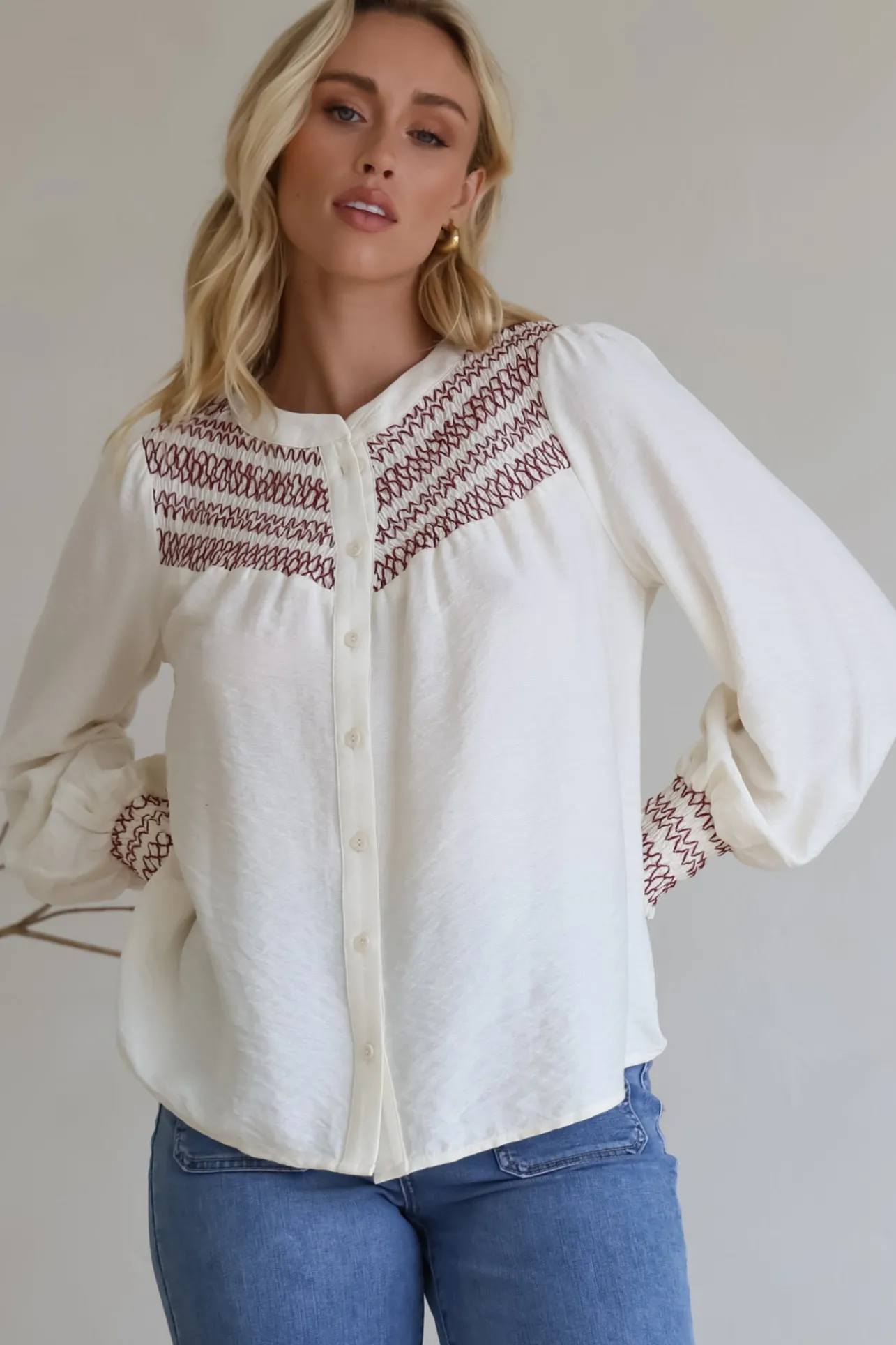 Leif Blouse - Mandarin Collar Button Down Blouse with Contrast Embroidering in Red>Salty Crush Best