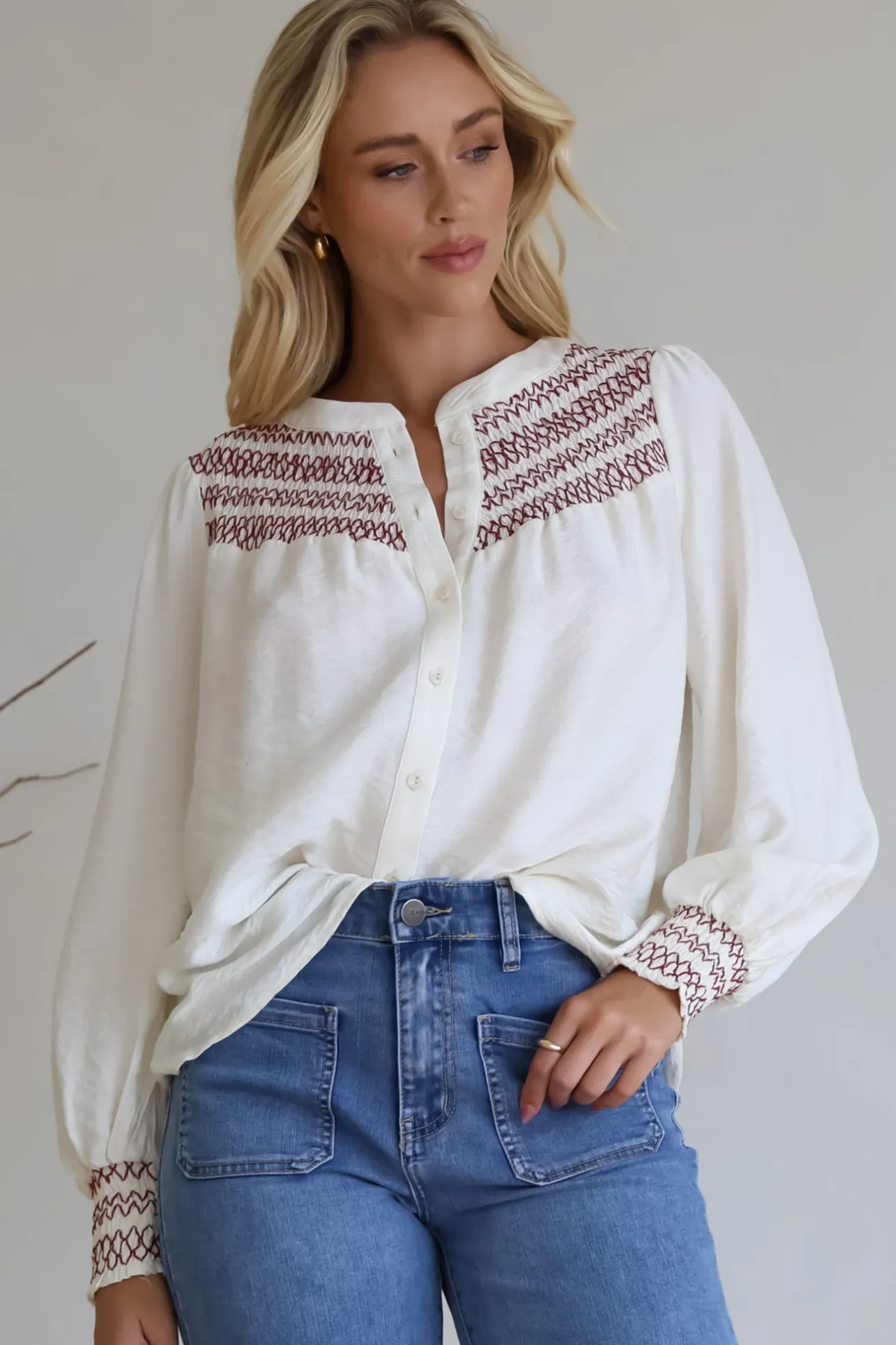 Leif Blouse - Mandarin Collar Button Down Blouse with Contrast Embroidering in Red>Salty Crush Best
