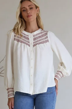 Leif Blouse - Mandarin Collar Button Down Blouse with Contrast Embroidering in Red><noscript><img width=