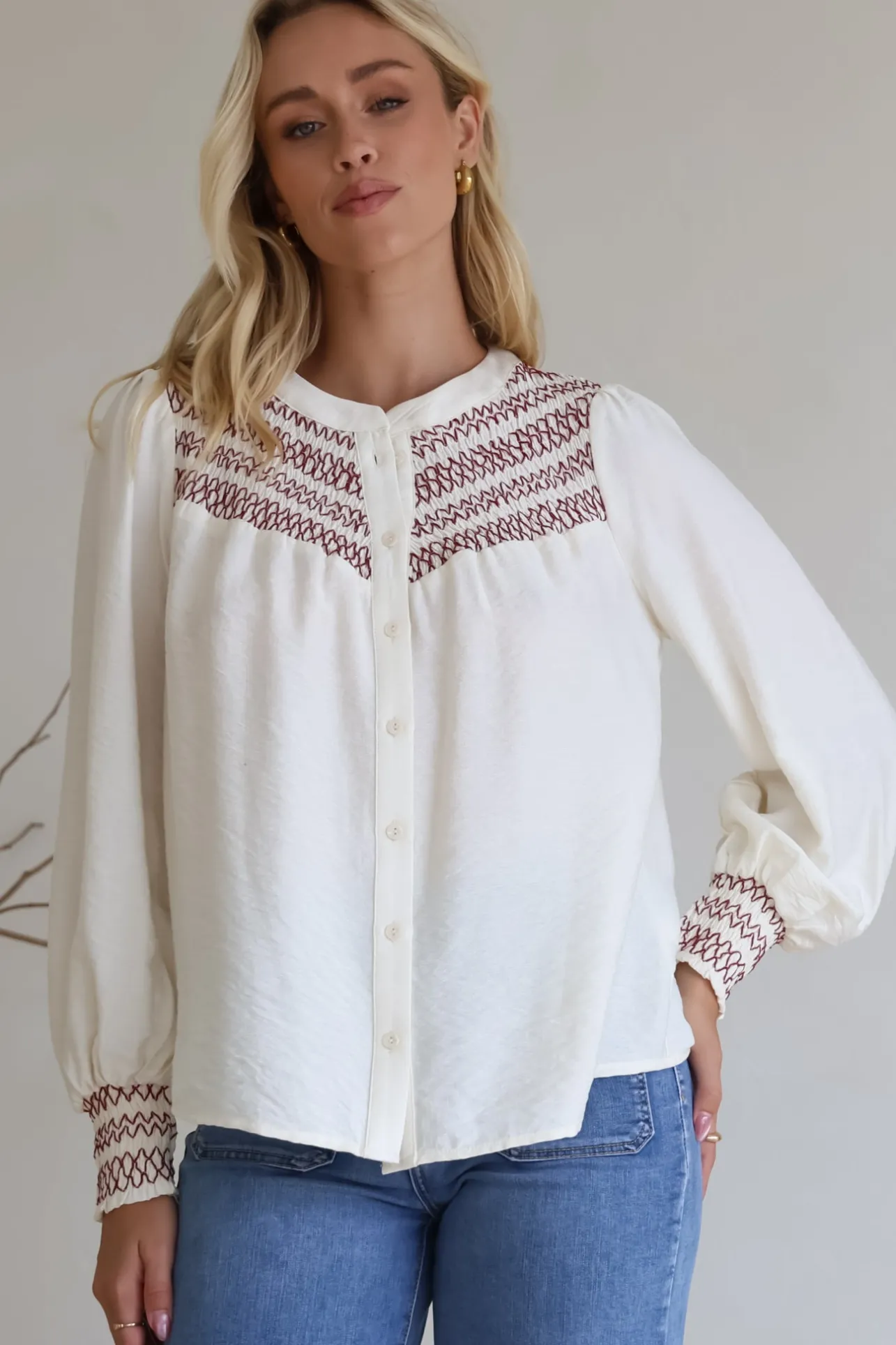Leif Blouse - Mandarin Collar Button Down Blouse with Contrast Embroidering in Red>Salty Crush Best