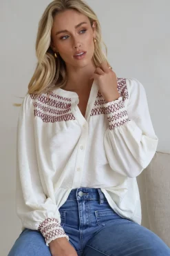 Leif Blouse - Mandarin Collar Button Down Blouse with Contrast Embroidering in Red><noscript><img width=