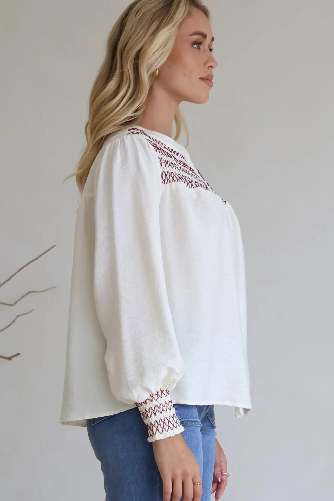 Leif Blouse - Mandarin Collar Button Down Blouse with Contrast Embroidering in Red>Salty Crush Best