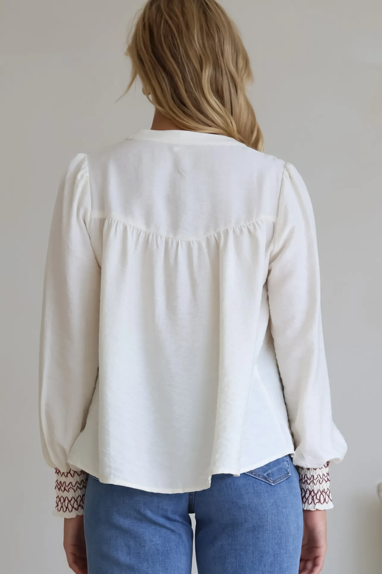 Leif Blouse - Mandarin Collar Button Down Blouse with Contrast Embroidering in Red>Salty Crush Best