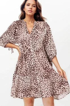 Leila Mini Dress - Mandarin Collar Balloon Sleeve with Tie Detail Smock Dress in Tatum Print>Salty Crush New