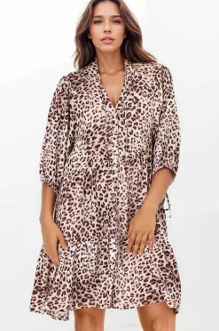 Leila Mini Dress - Mandarin Collar Balloon Sleeve with Tie Detail Smock Dress in Tatum Print><noscript><img width=