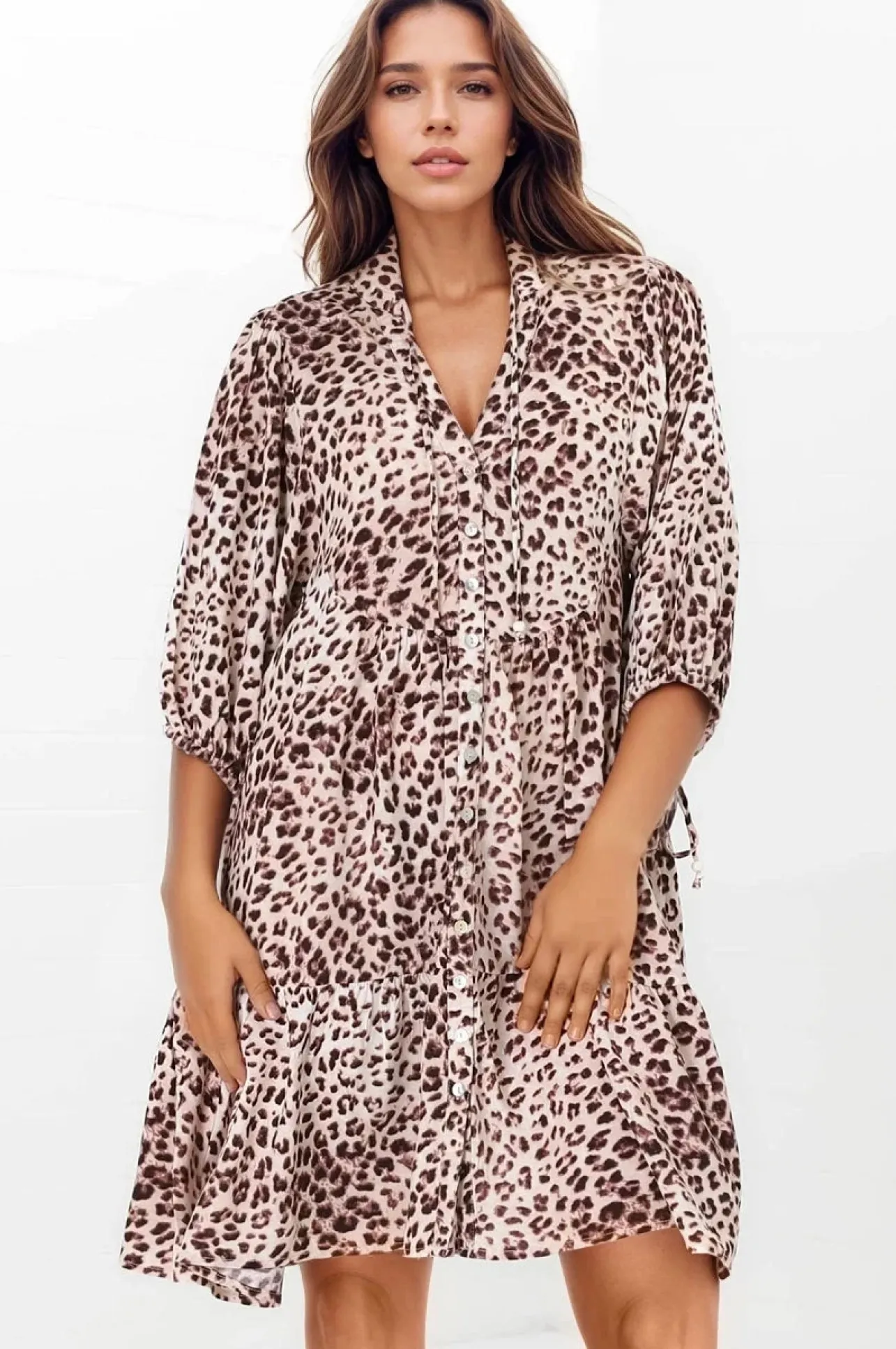 Leila Mini Dress - Mandarin Collar Balloon Sleeve with Tie Detail Smock Dress in Tatum Print>Salty Crush New