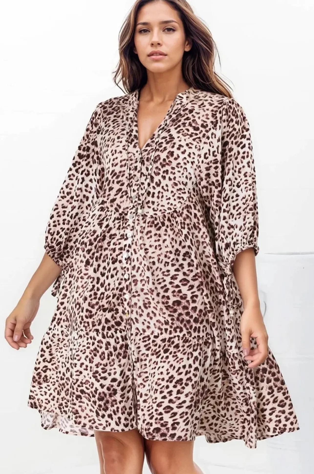 Leila Mini Dress - Mandarin Collar Balloon Sleeve with Tie Detail Smock Dress in Tatum Print>Salty Crush New