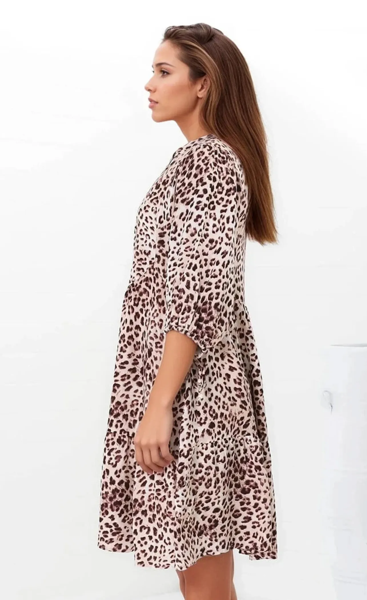 Leila Mini Dress - Mandarin Collar Balloon Sleeve with Tie Detail Smock Dress in Tatum Print>Salty Crush New
