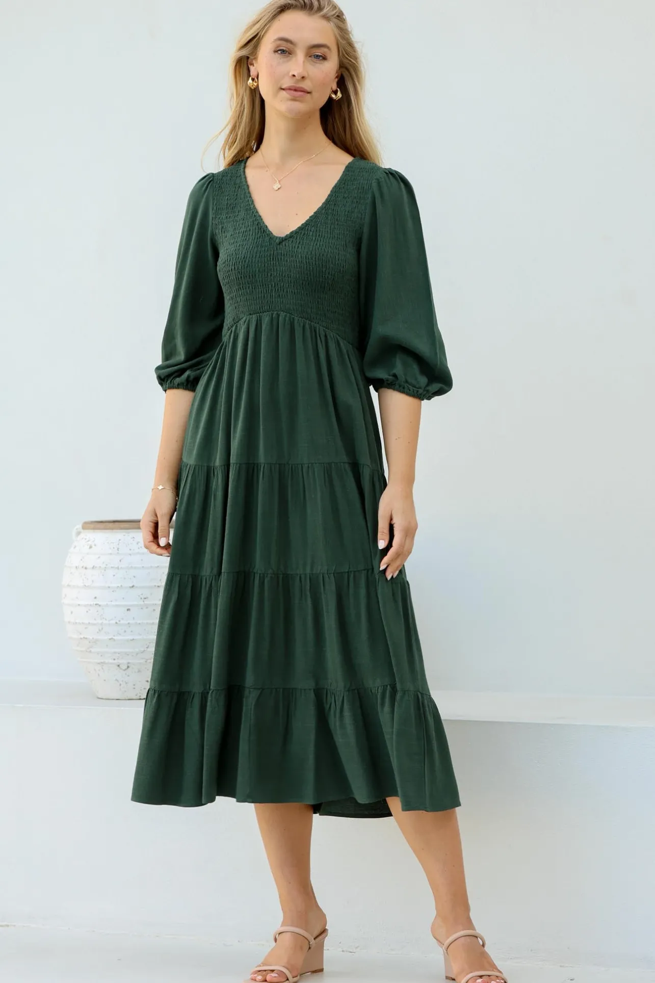 Lellah Midi Dress - Shirred Bodice Soft V Neck Tiered Dress in Green>Salty Crush New