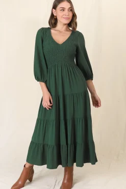 Lellah Midi Dress - Shirred Bodice Soft V Neck Tiered Dress in Green>Salty Crush New