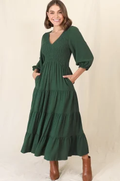 Lellah Midi Dress - Shirred Bodice Soft V Neck Tiered Dress in Green><noscript><img width=