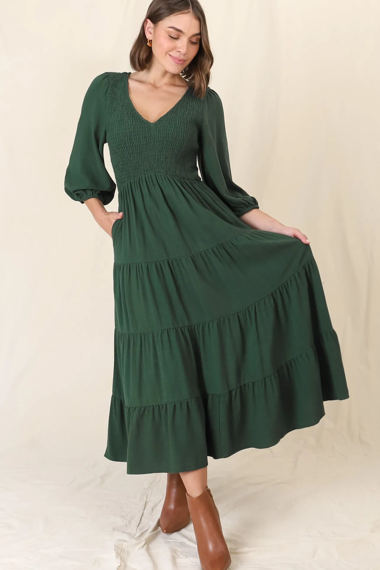 Lellah Midi Dress - Shirred Bodice Soft V Neck Tiered Dress in Green>Salty Crush New
