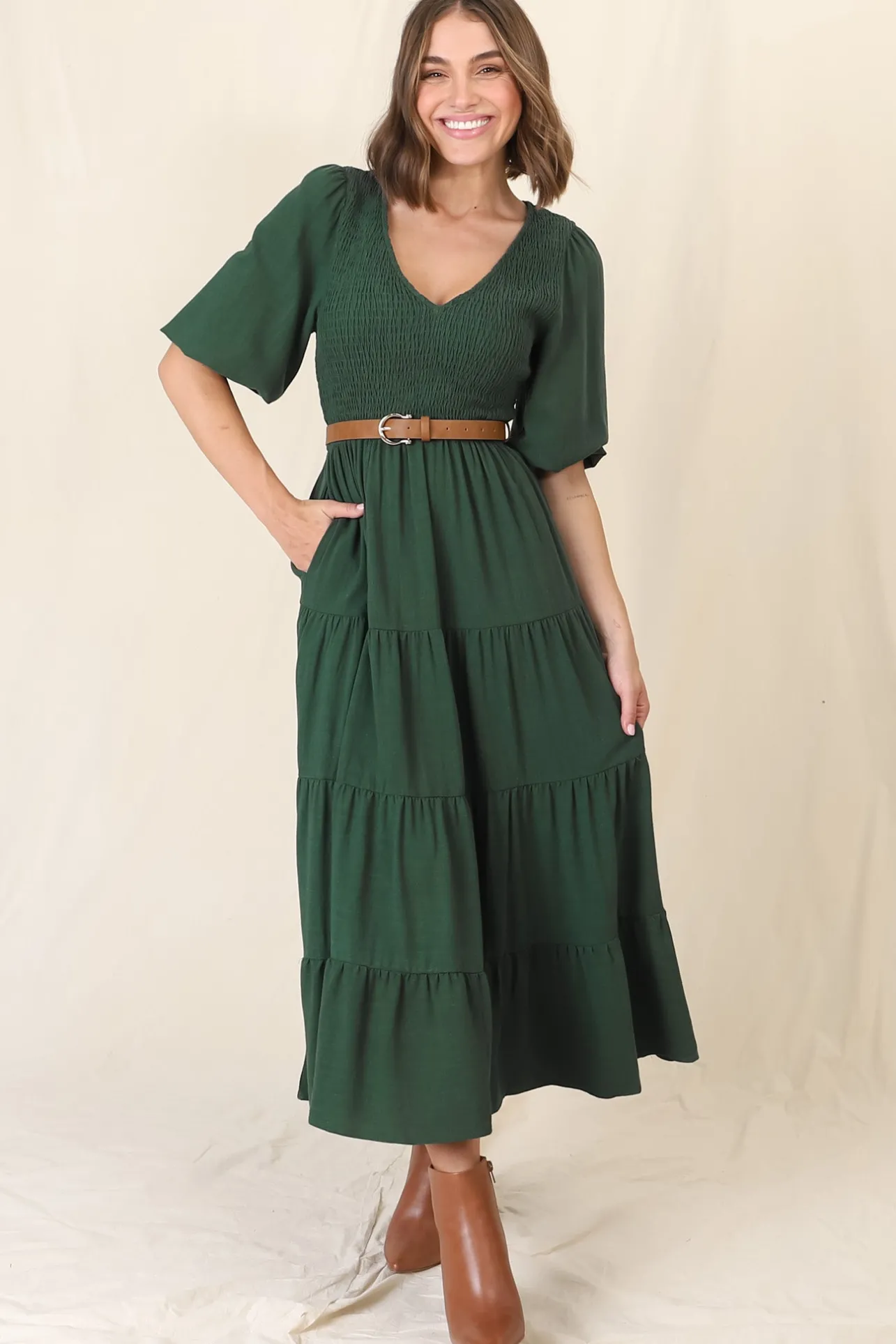 Lellah Midi Dress - Shirred Bodice Soft V Neck Tiered Dress in Green>Salty Crush New