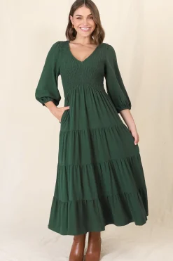 Lellah Midi Dress - Shirred Bodice Soft V Neck Tiered Dress in Green><noscript><img width=