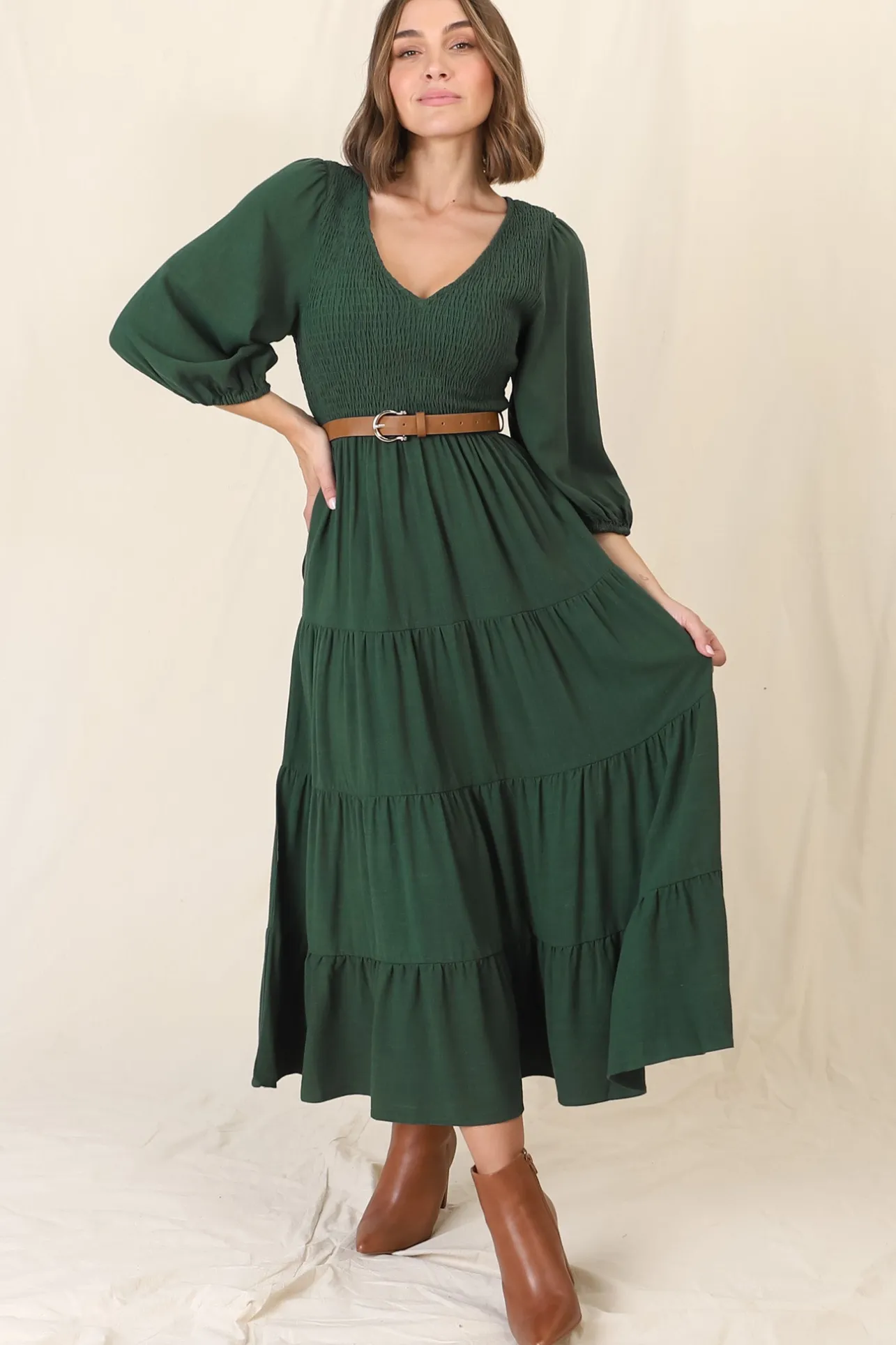 Lellah Midi Dress - Shirred Bodice Soft V Neck Tiered Dress in Green>Salty Crush New