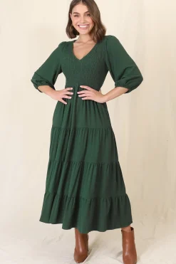 Lellah Midi Dress - Shirred Bodice Soft V Neck Tiered Dress in Green><noscript><img width=