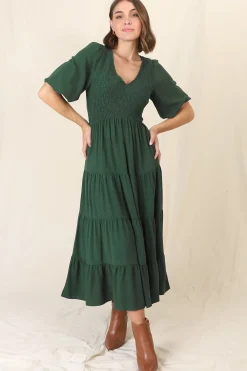 Lellah Midi Dress - Shirred Bodice Soft V Neck Tiered Dress in Green><noscript><img width=