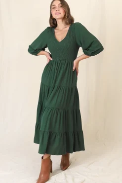 Lellah Midi Dress - Shirred Bodice Soft V Neck Tiered Dress in Green><noscript><img width=